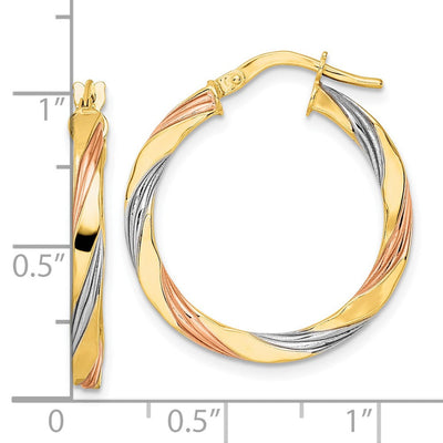 14K W/Rose & White Rhodium Polished Twisted Hoop Earrings, 26.25 x 2.65mm