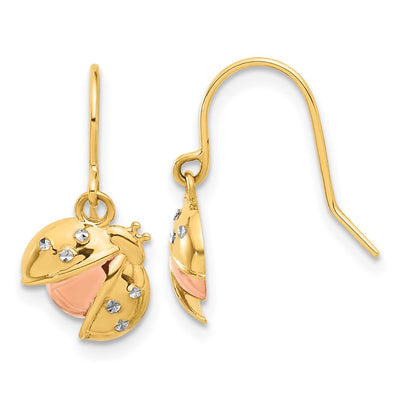 14K w/Rose and White Rhodium D/C Ladybug Dangle Earrings