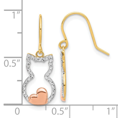 14K w/Rose and White Rhodium D/C Cat Outline Dangle Earrings