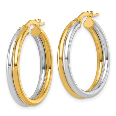 14K with White Rhodium Polished x Round Hoop Earrings, 25 x 4mm