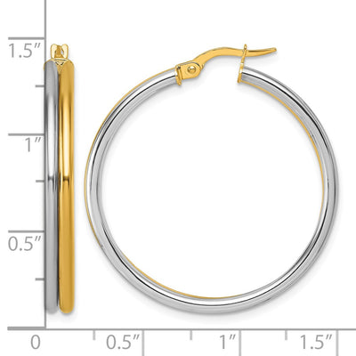 14K with White Rhodium Polished x Round Hoop Earrings, 35 x 4mm