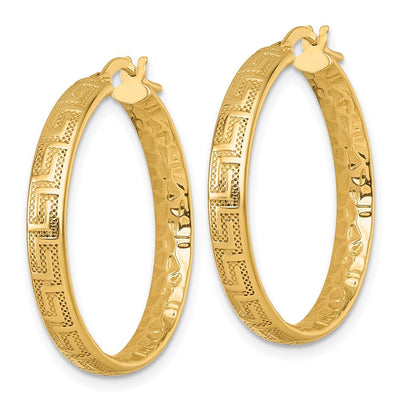 14K Polished Greek Key Design Textured 4.00 x Tube Hoop Earrings, 28 x 4mm