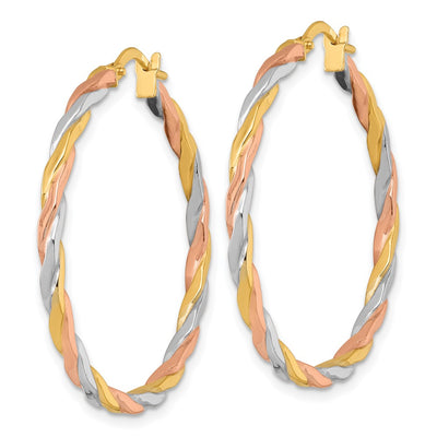 14K with Rose and White Rhodium Polished Twisted 2.00 x Tube Hoop Earrings, 35 x 1.75mm
