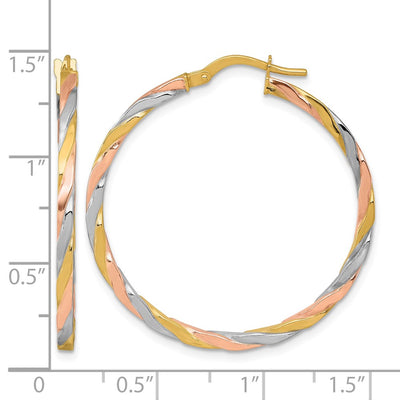 14K with Rose and White Rhodium Polished Twisted 2.00 x Tube Hoop Earrings, 35 x 1.75mm