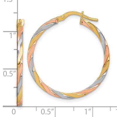 14K with Rose and White Rhodium Polished Twisted 2.00 x Tube Hoop Earrings, 30 x 1.75mm