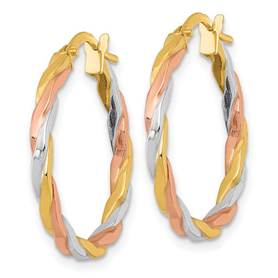 14K with Rose and White Rhodium Polished Twisted 2.00 x Tube Hoop Earrings, 24 x 1.75mm