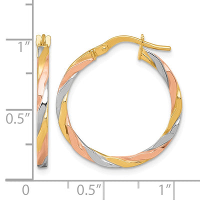 14K with Rose and White Rhodium Polished Twisted 2.00 x Tube Hoop Earrings, 24 x 1.75mm