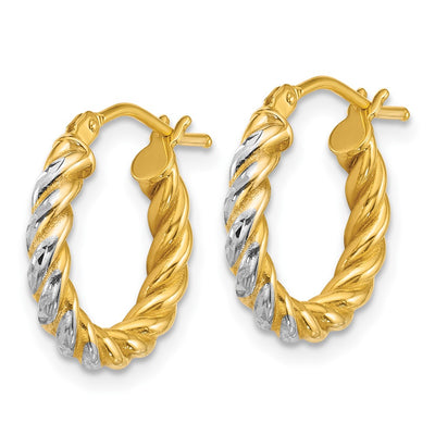 14K with White Rhodium Polished Diamond-cut Twisted Tube Hoop Earrings, 15 x 2.75mm