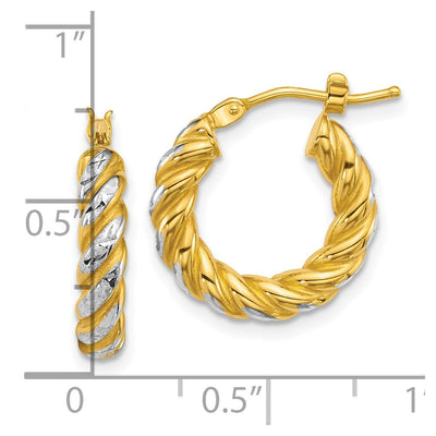 14K with White Rhodium Polished Diamond-cut Twisted Tube Hoop Earrings, 17 x 3.75mm