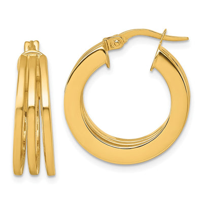 14K Polished Triple Row x Square Tube Round Hoop Earrings
