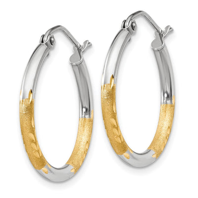 14K w/White Rhodium Satin and Polished Diamond-cut Hoop Earrings, 17 x 2mm