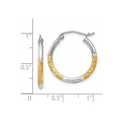 14K w/White Rhodium Satin and Polished Diamond-cut Hoop Earrings, 17 x 2mm