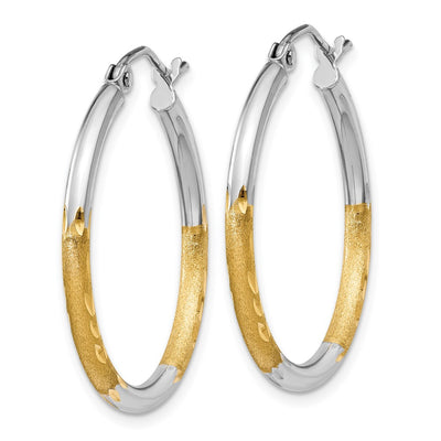 14K w/White Rhodium Satin and Polished Diamond-cut Hoop Earrings, 20 x 2mm