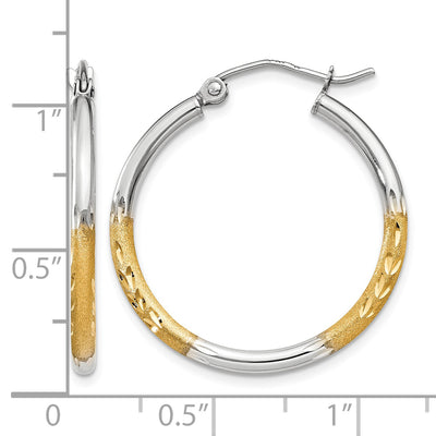 14K w/White Rhodium Satin and Polished Diamond-cut Hoop Earrings, 20 x 2mm