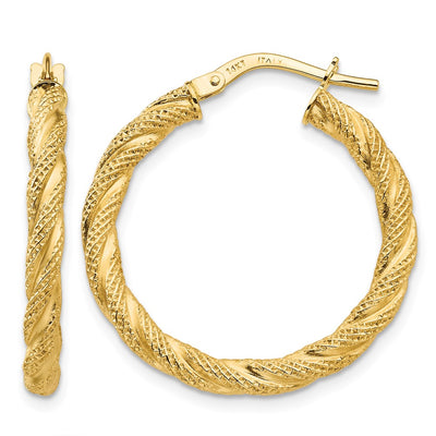 14K Twisted Textured Hoop Earrings, 26 x 3mm