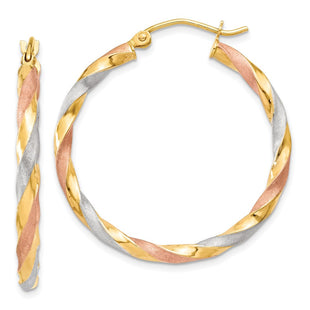 14k White & Rose Rhodium Satin Twisted Hoop Earrings (Style TH751)