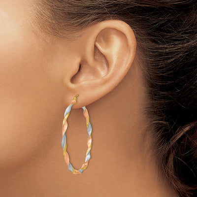 14K White & Rose Rhodium Satin Twisted Hoop Earrings, 50 x 3mm