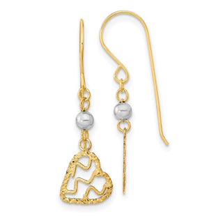 14k Two-tone Satin D/C Heart Dangle Shepherd Hook Earrings (Style TH974)