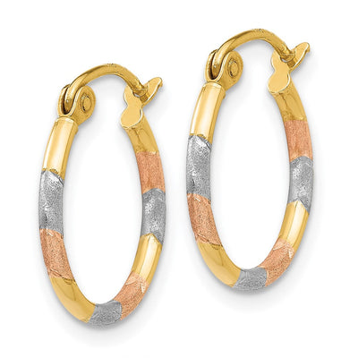 14K w/White and Rose Rhodium Satin & D/C Hoop Earrings, 16 x 1.5mm