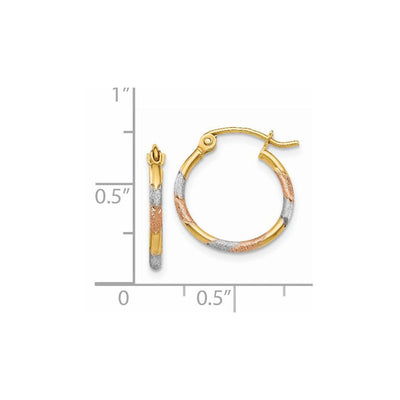 14K w/White and Rose Rhodium Satin & D/C Hoop Earrings, 16 x 1.5mm