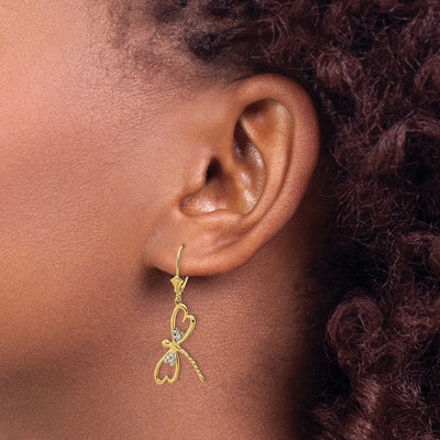 14K & White Rhodium D/C Dragonfly Leverback Earrings, 41 x 7.85mm