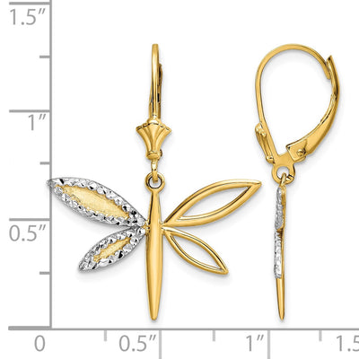 14K & White Rhodium D/C Dragonfly Leverback Earrings, 31.18 x 24.75mm