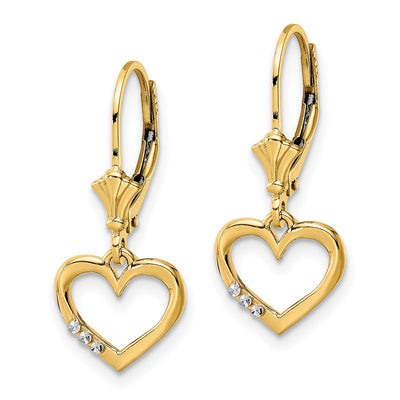 14K & White Rhodium D/C Heart Leverback Earrings, 25 x 10.65mm