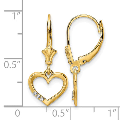 14K & White Rhodium D/C Heart Leverback Earrings, 25 x 10.65mm