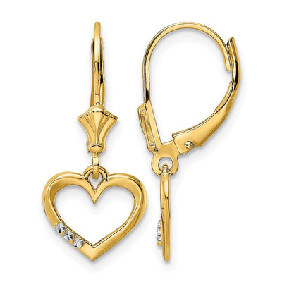 14K & White Rhodium D/C Heart Leverback Earrings, 25 x 10.65mm