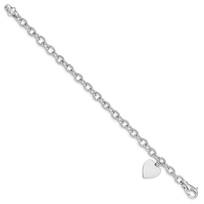 14K White Gold Engravable Solid Dangle Heart Charm and Solid Polished Link, 7.5 x 13mm
