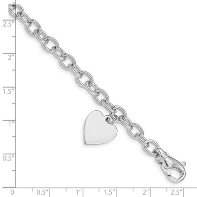 14K White Gold Engravable Solid Dangle Heart Charm and Solid Polished Link, 7.5 x 13mm