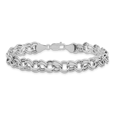14K White Gold Hollow Double Link Charm Bracelet, 7.25 x 7.5mm