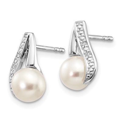 14K White Gold Button FWC Pearl . Diamond Post Earrings