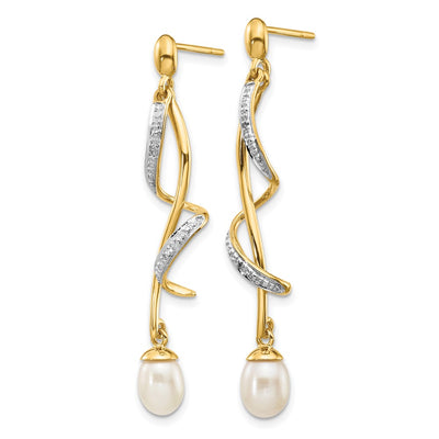 14K White Teardrop Fwc Pearl . Diamond Dangle Earrings, 42 x 7mm