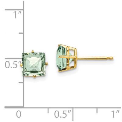 14K Square Checker-Cut Green Quartz Earrings, 7 x 7mm