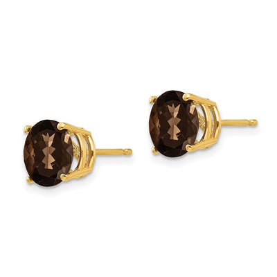 14K Round Checker-Cut Smoky Quartz Earrings, 9 x 9mm