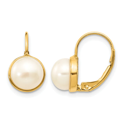 14K White Button Freshwater Cultured Pearl Leverback Earrings