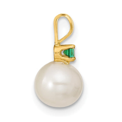 14K White Round Freshwater Cultured Pearl and .21EM Emerald Post Earrings and Pendant Set