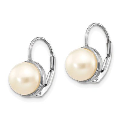 14K White Gold White Button Freshwater Cultured Pearl Leverback Earrings