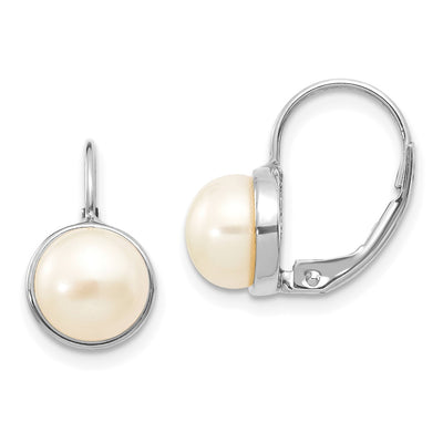 14K White Gold White Button Freshwater Cultured Pearl Leverback Earrings