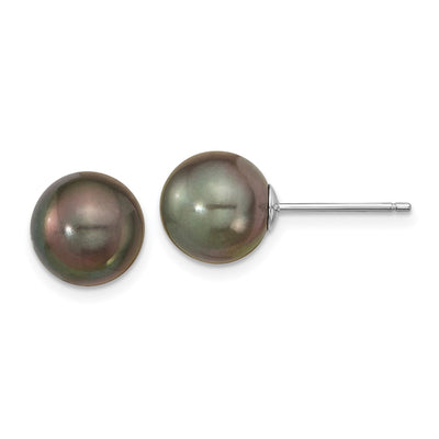 14K White Gold Black Round Tahitian Saltwater Cultured Pearl Post Earrings