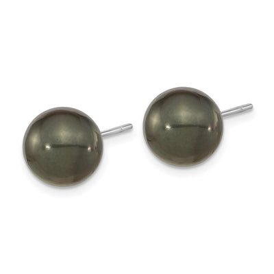14K White Gold Black Round Tahitian Saltwater Cultured Pearl Post Earrings