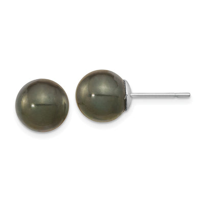 14K White Gold Black Round Tahitian Saltwater Cultured Pearl Post Earrings