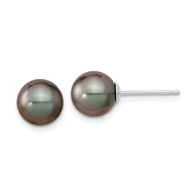 14K White Gold Black Round Tahitian Saltwater Cultured Pearl Post Earrings