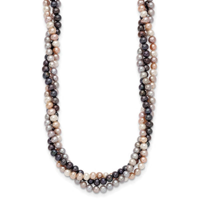 14K White Gold Pink/Gray/Black Near-Round Freshwater Cultured Pearl 3-Strand Necklace