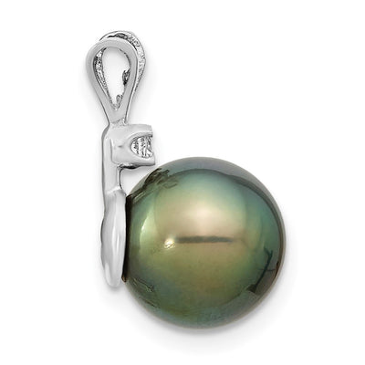 14K White Gold Round Black Tahitian Saltwater Cultured Pearl and .05 Carat Diamond Pendant
