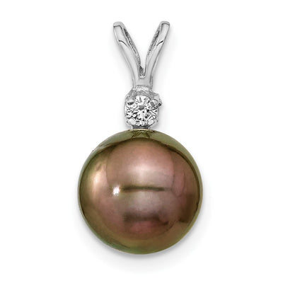 14K White Gold Black Round Tahitian Saltwater Cultured Pearl and .05 Carat Diamond Pendant