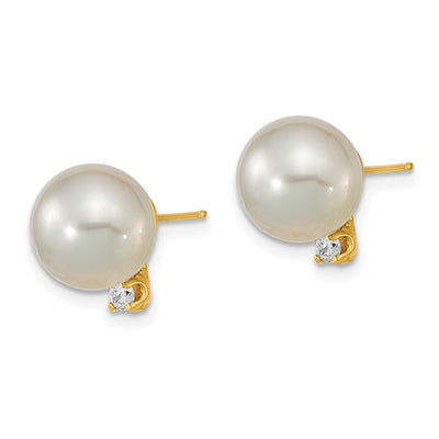 14K White Round South Sea Saltwater Cultured Pearl and .10 Carat Diamond Post Earrings