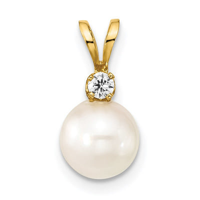 14K White Round Akoya Saltwater Cultured Pearl and 1/20 Carat Diamond Pendant