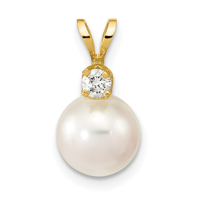 14K White Round Akoya Saltwater Cultured Pearl and 1/10 Carat Diamond Pendant
